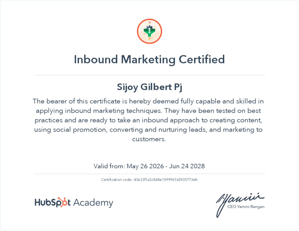 HUBSPOT INBOUND MARKETING CERTIFICATE